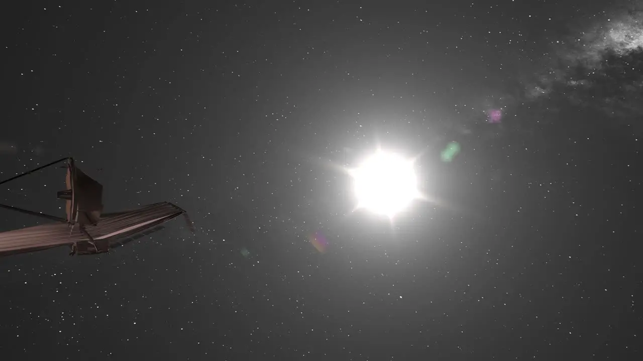 James Webb Space Telescope JWST Orbiting Sun with Flare and Taking Photos of Early Universe 3D CGI Animation 4K