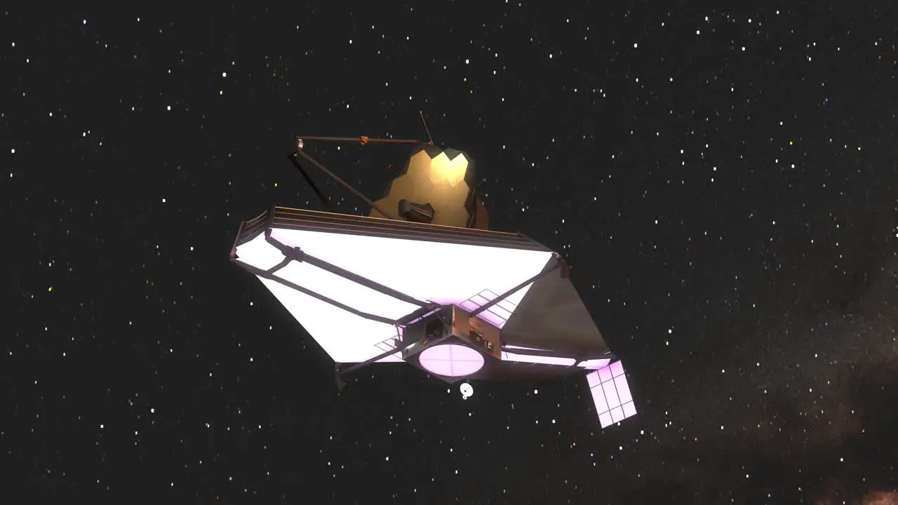 James Webb Space Telescope JWST Camera Moving Upwards to Reveal Milky Way Galaxy Stars Background 3D CGI Animation 4K