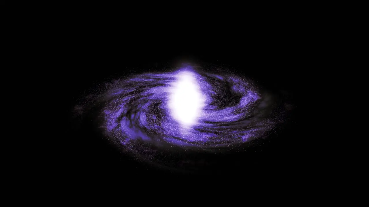 Slow movement fly towards a spinning purple galaxy with stars and cloud rings