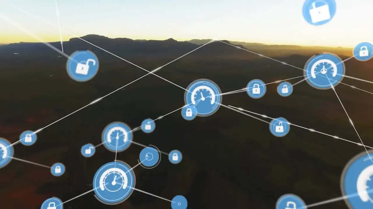 Networks of connections with icons over mountains