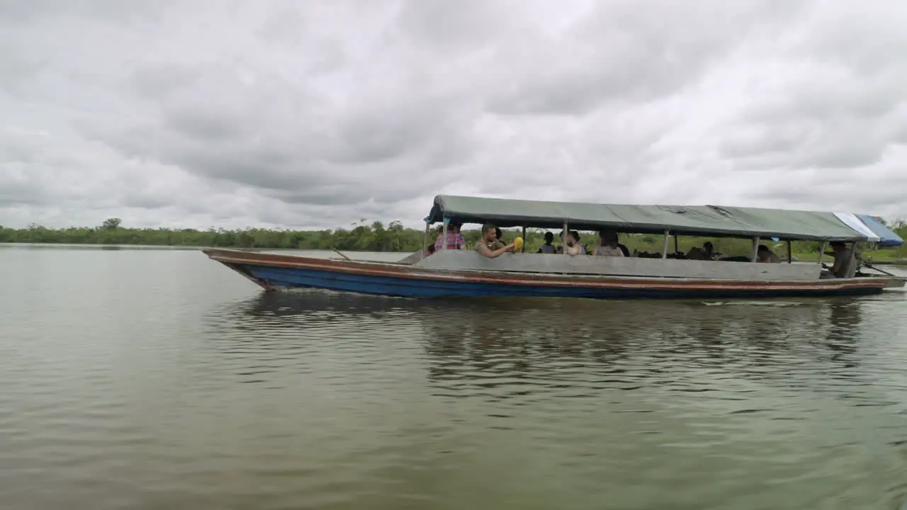 Amazonian river passenger boat on overcast day