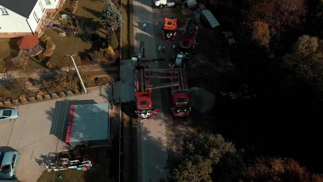 Bird eye view of wood transport trucks