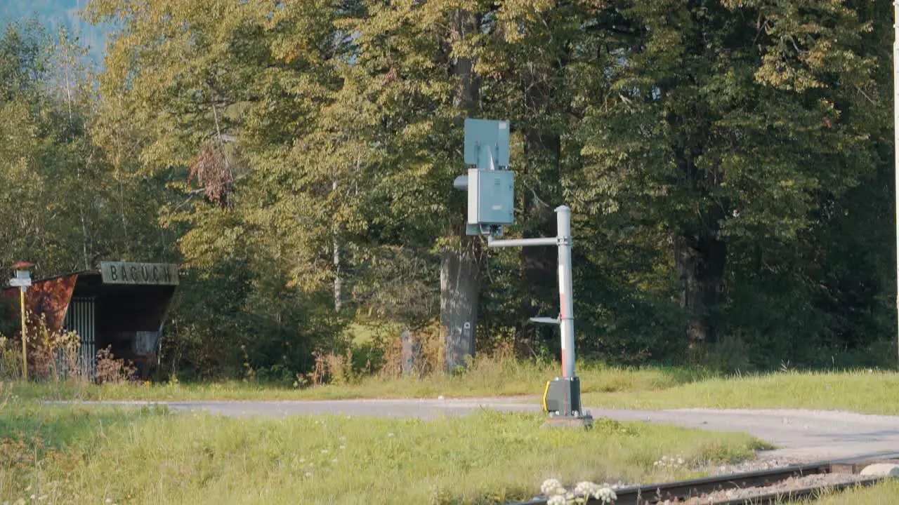 Pan down from trees to railway track