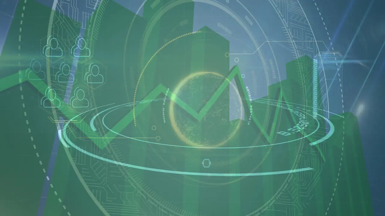 Animation of two green graphs people icons and circles floating