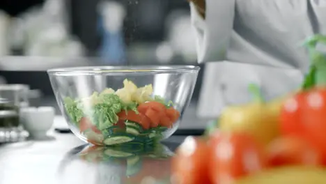 Chef peppering salad at kitchen restaurant Closeup hands peppering vegetables