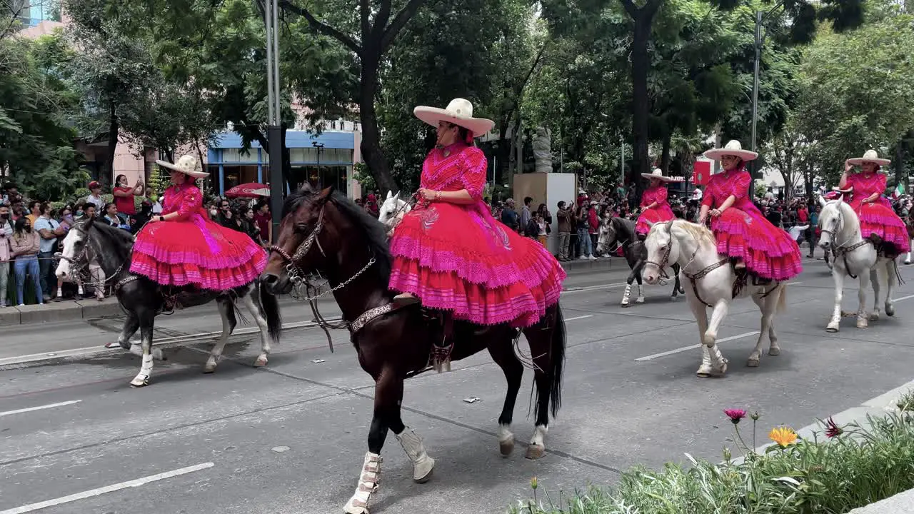 slow motion shot of the body of women on horseback of the Mexican army