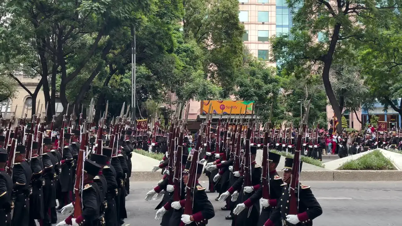 shot of the advance of the musketeers platoon during the parade of the mexican army in mexico city