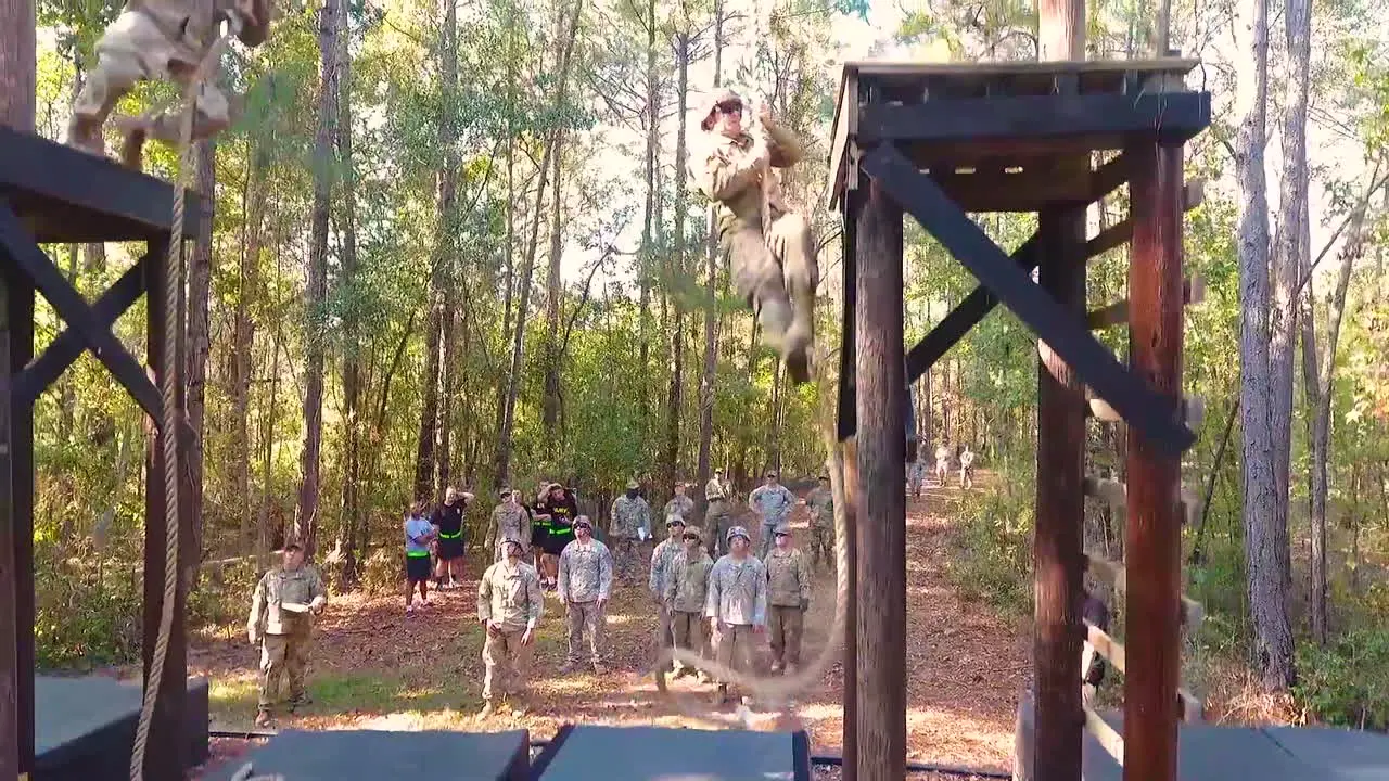 An Aerial Over Us Army Soldiers Going Through Obstacle Course Exercises In Basic Training 5