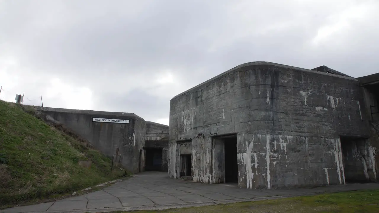 Panning shot of Fort Casey's historic military compound in Washington State