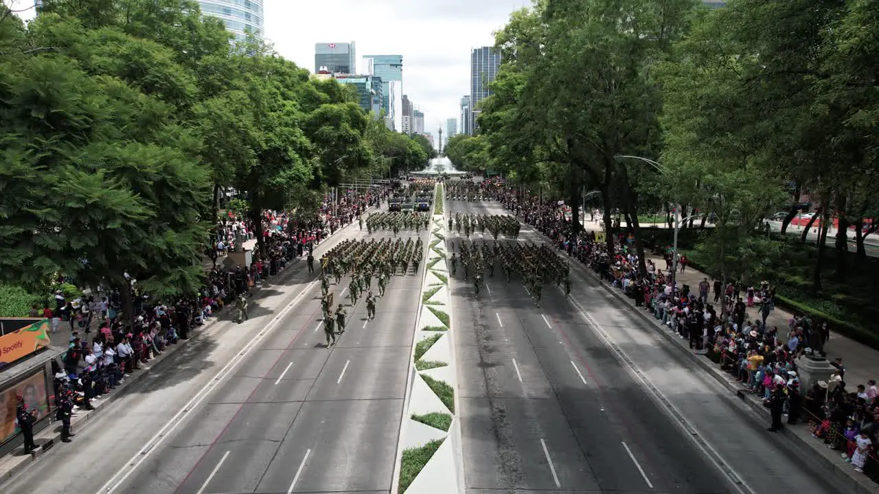 drone shot of the mexican army approaching the military parade in Mexico city