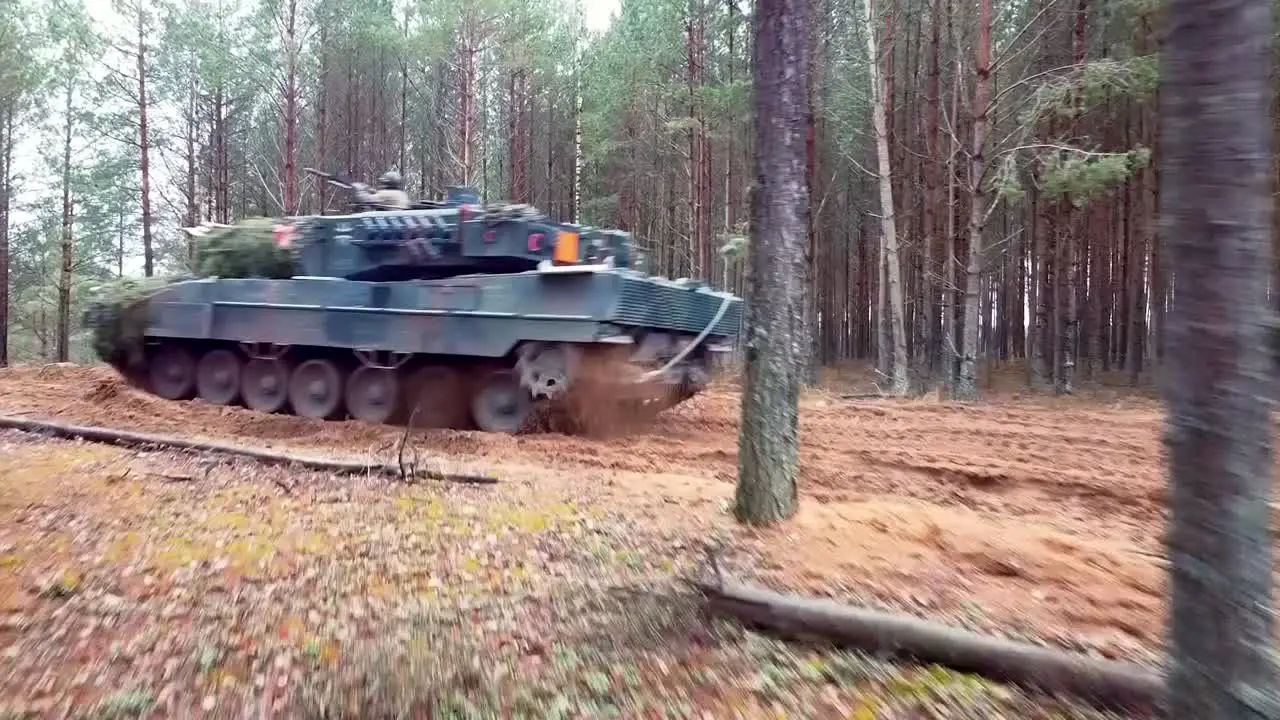 Drone Shots Training Exercise Of Military Armoured Units Driving German Leopard Ii Tanks Lithuania