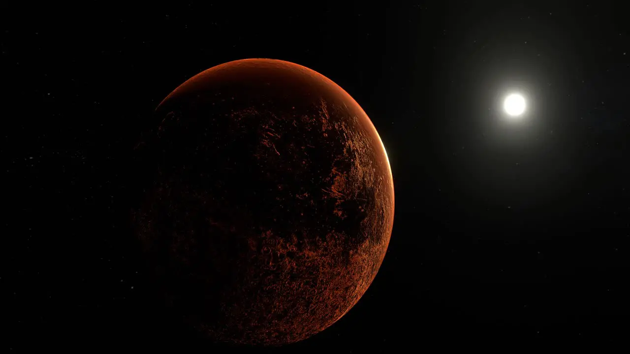 Sun slow orbit around red barren mars planet in deep outer space