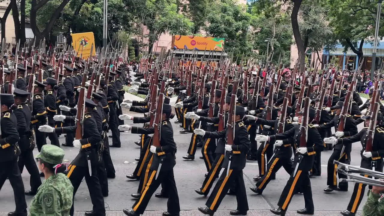 slow motion shot of the infantry corps of the mexican army during the military parade