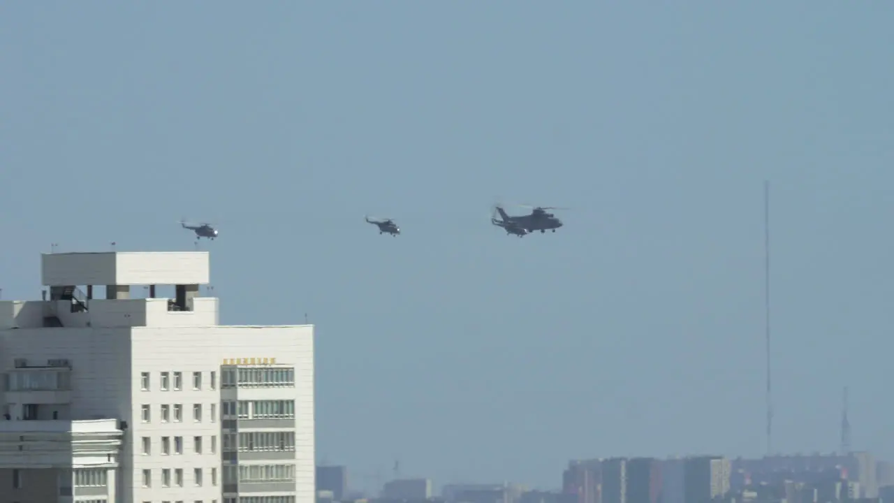 Flying helicopters during Victory parade in Moscow Russia