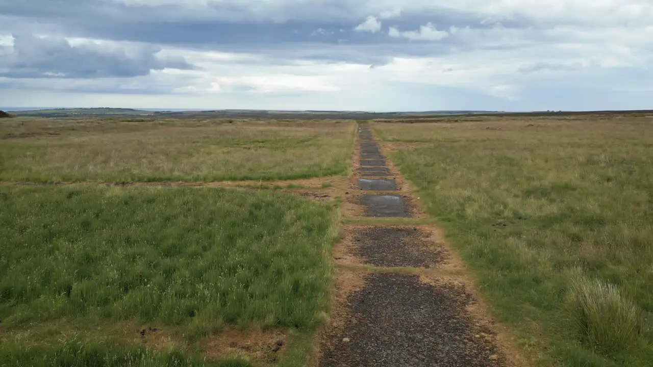 Remains of RAF Danby Beacon a listening station from WWII low level aerial shot following access road