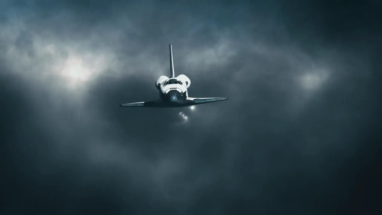 Space Shuttle Descending Through Dark Gray Storm Clouds and Lightning