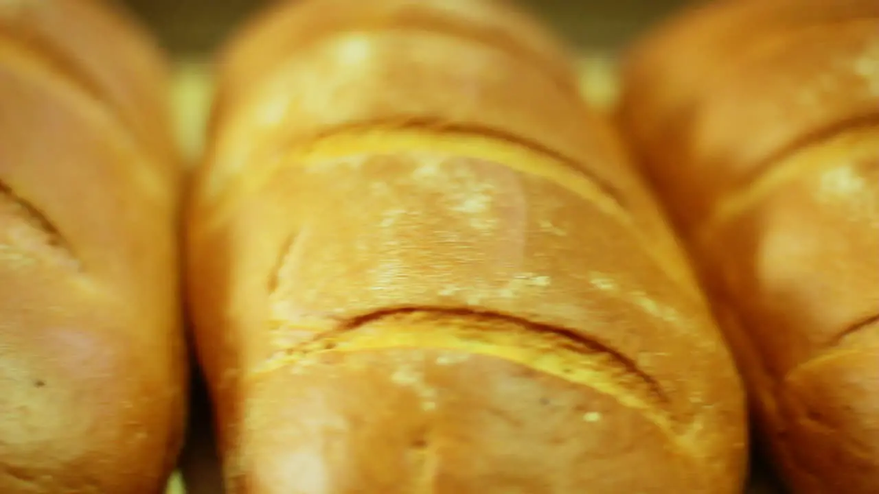 Loaf of bread closeup Bakery products on manufacturing line White bread