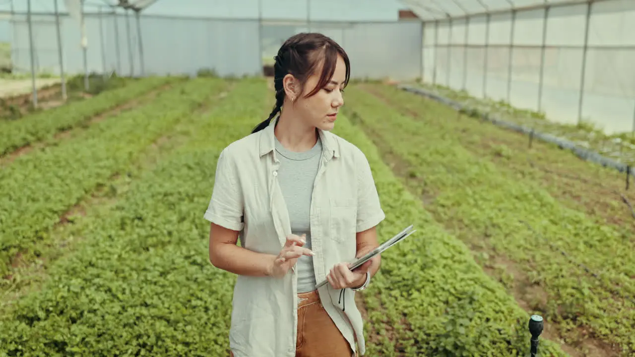 Woman farming and tablet in greenhouse