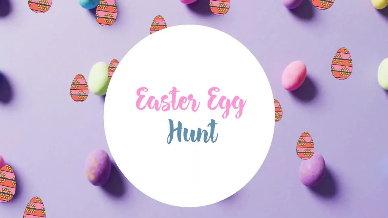 Animation of easter egg hunt text over colourful easter eggs on purple background