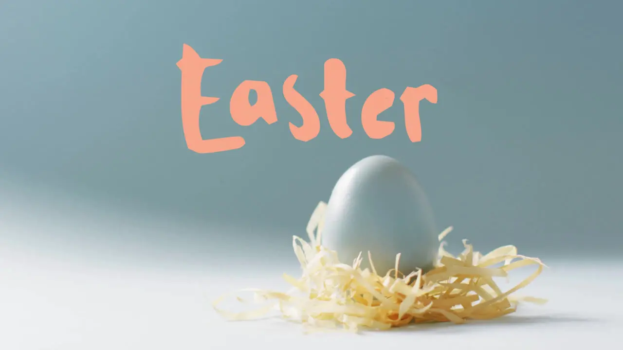 Animation of easter text over blue easter egg in hey on blue background