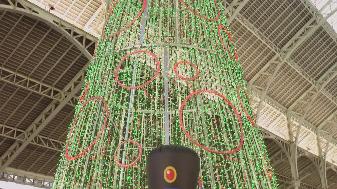 Tilt shot of Christmas decorations at Mercado de Colon in Valencia Spain