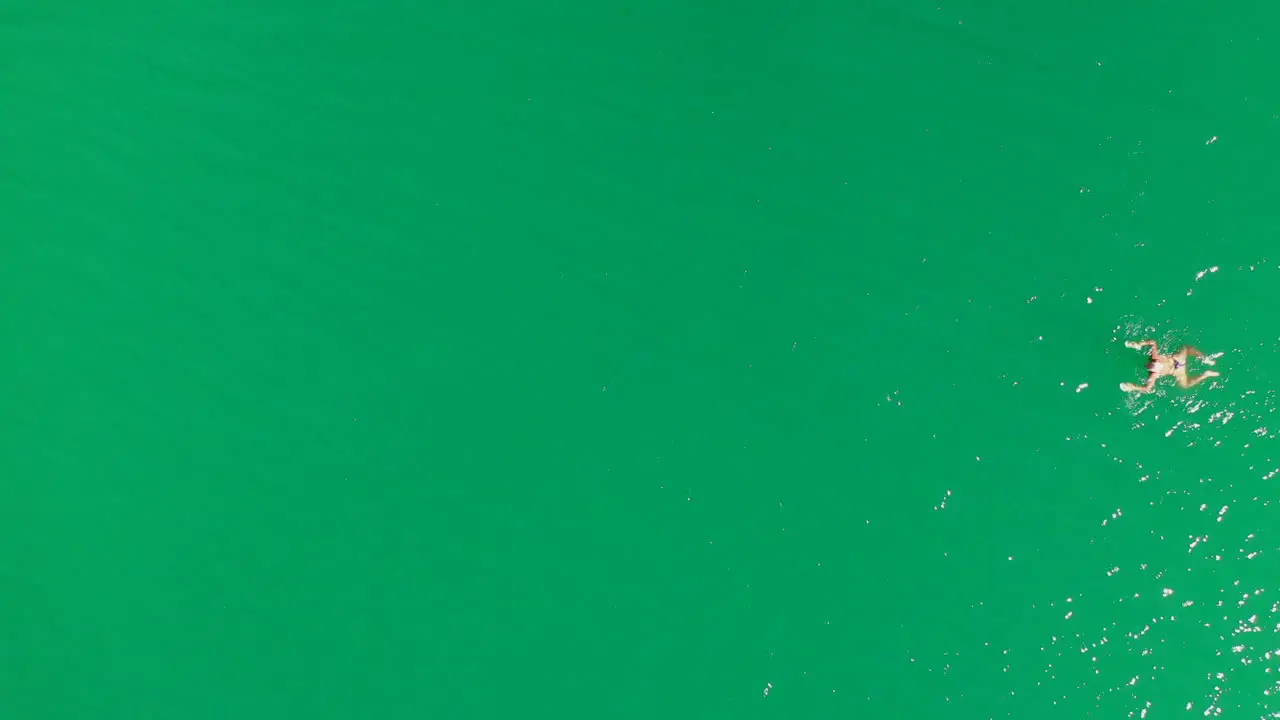 Aerial view of young woman swimming from right to left in a green water lake female health fitness sports