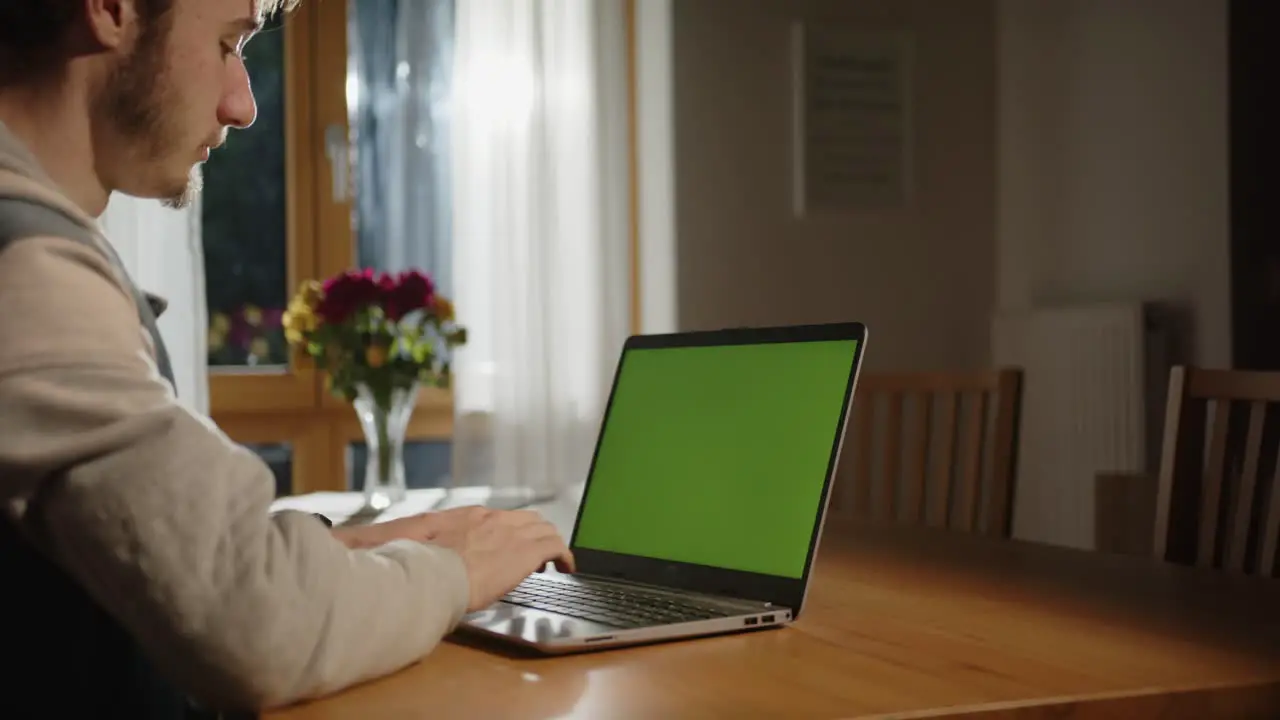 someone is typing on the laptop with green screen in the living room with light from outside