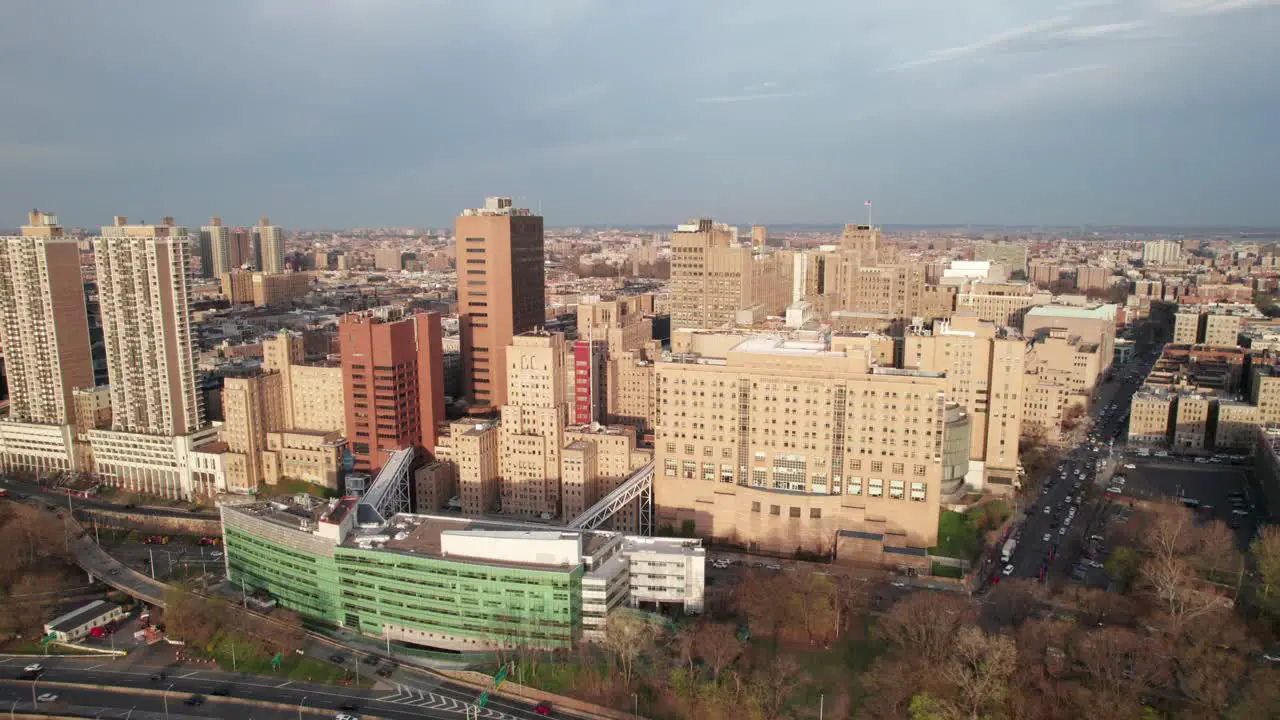 Warm golden hour aerial of New York's Columbia Medical Center