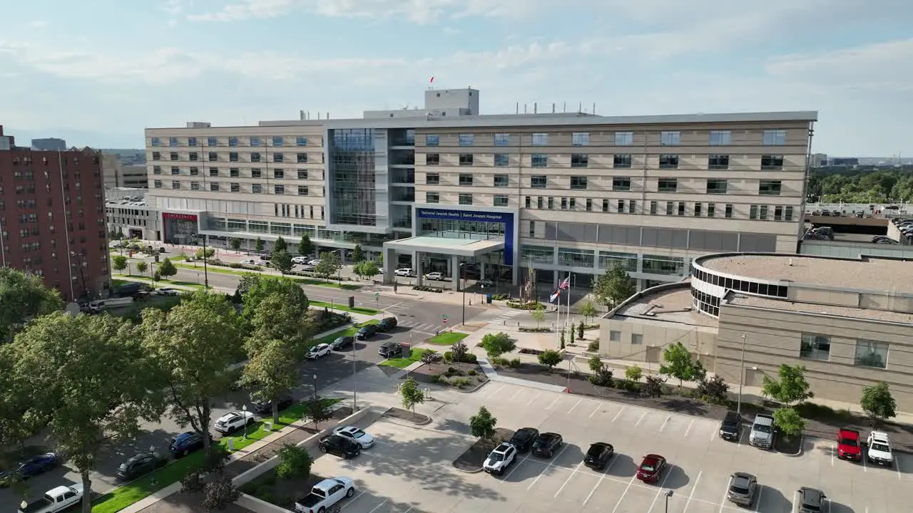 Aerial pullback view of Saint Josepth private hospital City Park West Denver