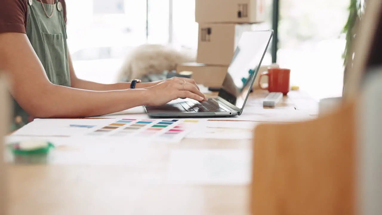 Woman hands and laptop in fashion small business