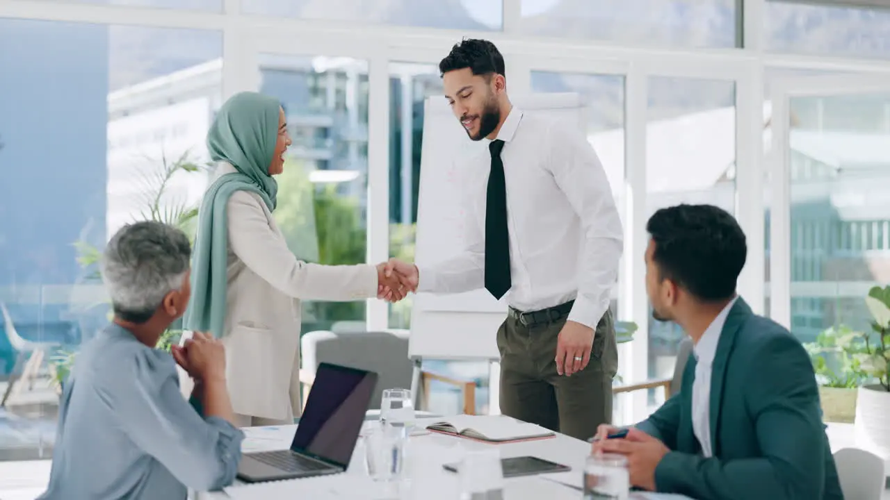 Hiring handshake or Muslim worker shaking hands