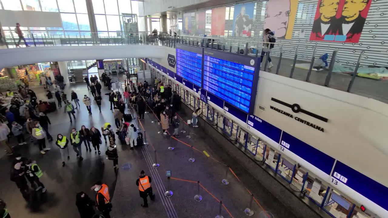 Crowded Warsaw Central Station Ukrainian Refugees Shelter panorama view from second floor