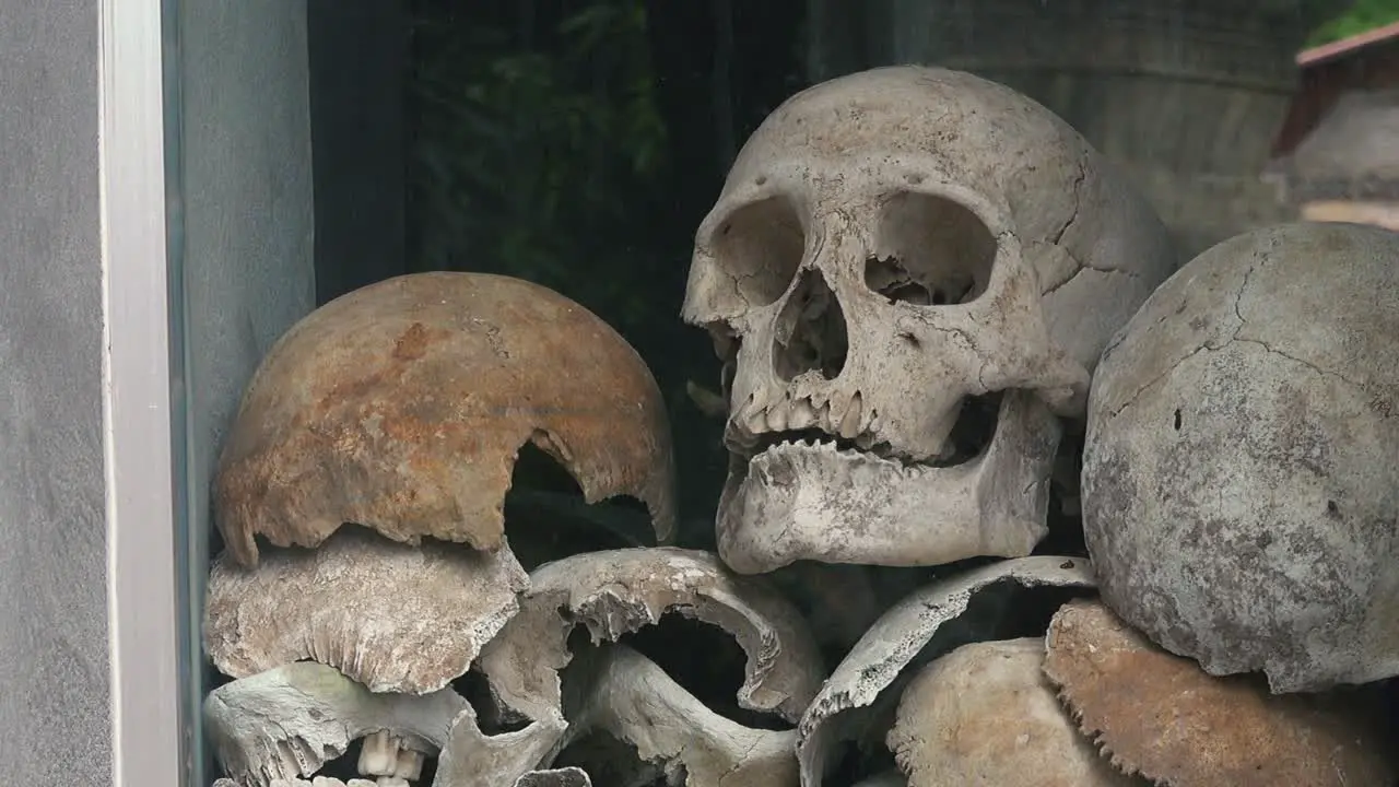 Pan to a Stack of Human Skulls