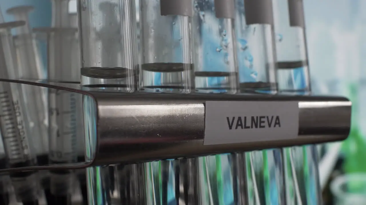 Valneva Covid Vaccine In Test Tube Vials In Rack