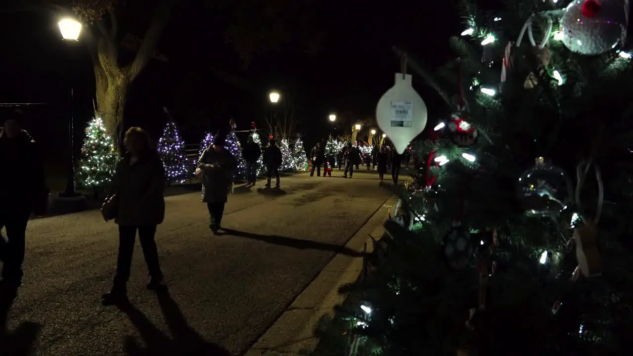 Group Of People Walking Down A Lane At Night Decorated With Festive Christmas Trees