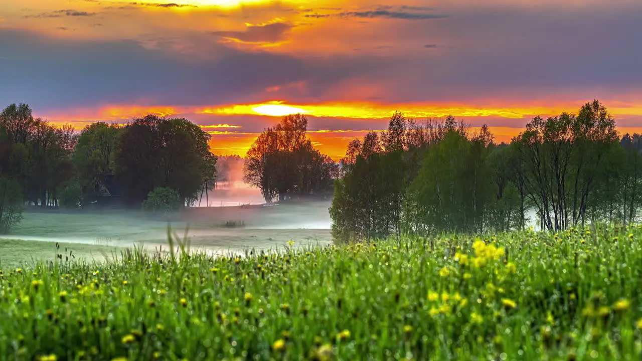 Twilight over the bright misty landscape Time lapse