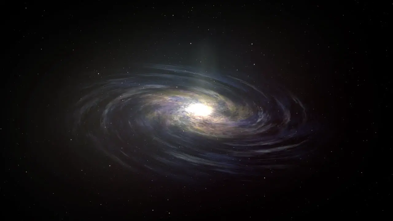 CGI composite of a galaxy rotating in space with a giant star or sun in the middle