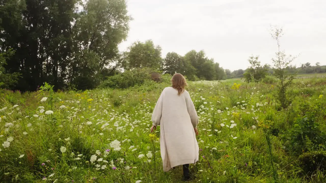 a woman in a robe enters a garden of white flowers in bloom girl was walking in the park in the afternoon with the soft sunlight use her hands to gently touch the white flowers 4k