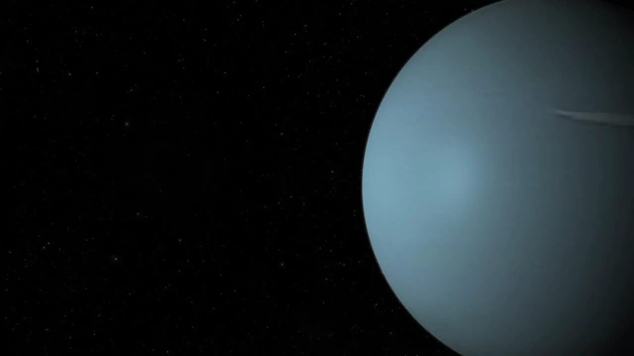 CGI composite planet Uranus rotating screen-right half lit with a starry background