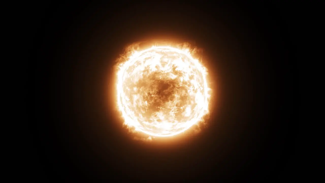 3D animation of a burning yellow and orange sun with no space background or foreground solar flares and core animation and the camera slowly moving towards it