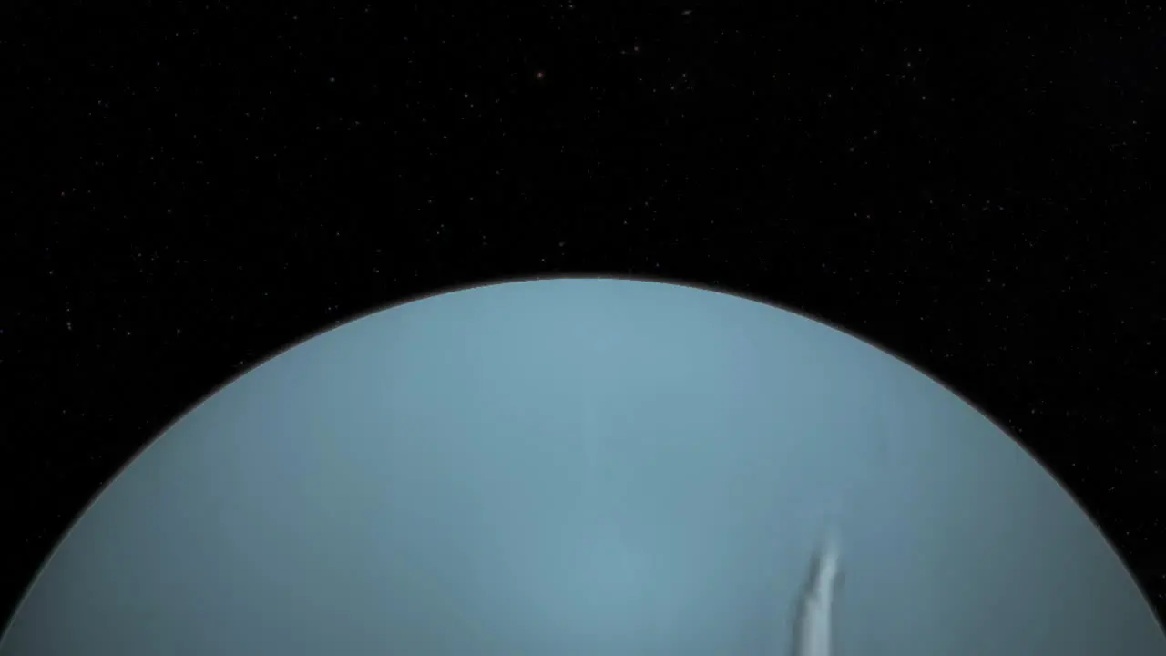 CGI composite flying over planet Uranus half lit with a starry background