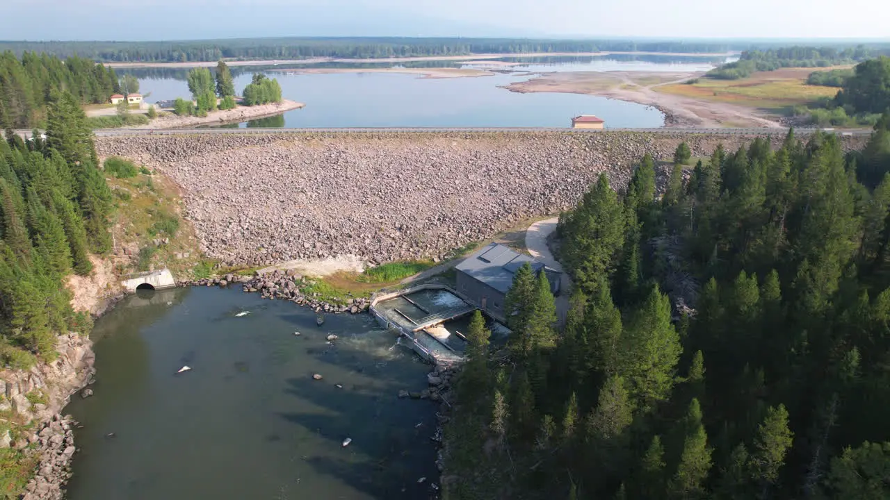 Beautiful aerial view of a dam and lake in Island park Idaho