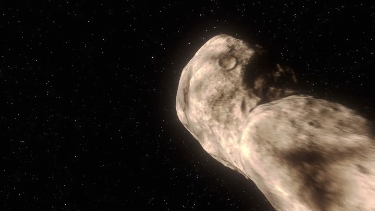 High quality 3D CGI fly-past simulation of the asteroid Toutatis plying its way through the star field of deep space with a slow lengthwise rotation