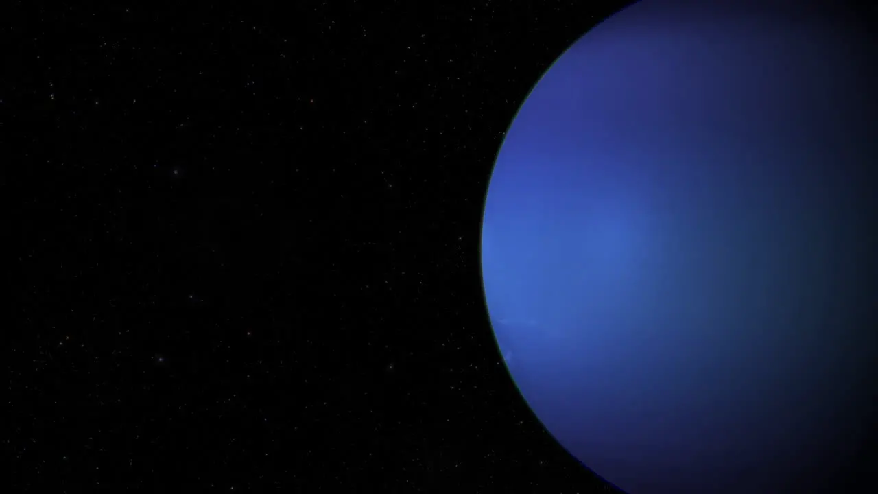 CGI composite planet Neptune rotating screen-right half lit with a starry background