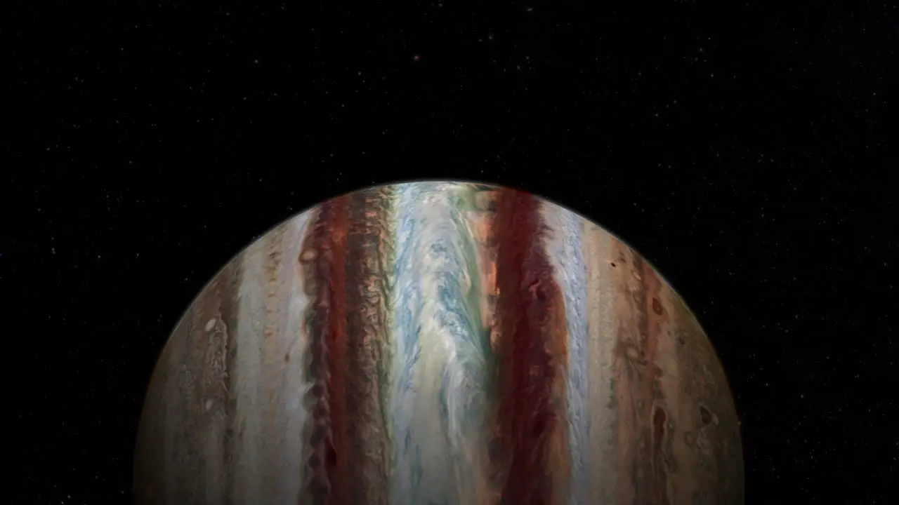 CGI composite flying over planet Jupiter with a starry background