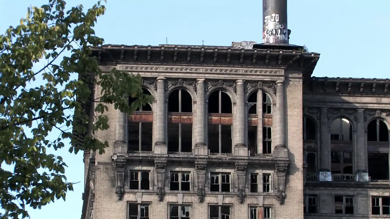 Top of left wing of rotten Michigan Central Station in sunshine in 2009 Detroit USA