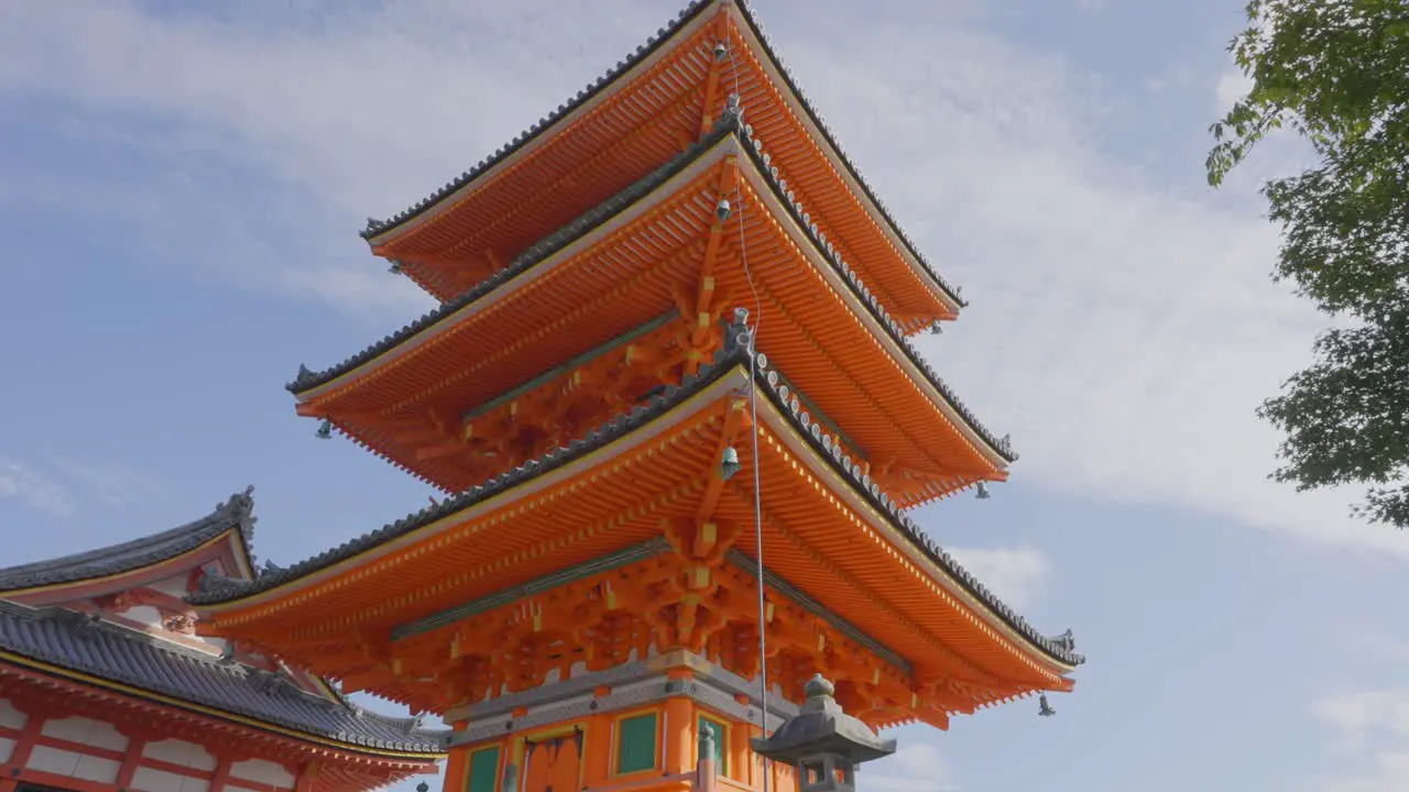 Cinematic shot of a red pagoda with a