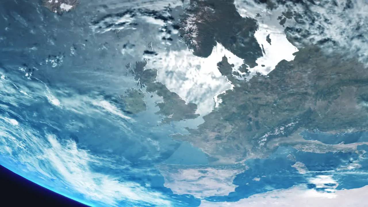 UK Europe EU from Space with Earth Slowly Rotating with View from Orbit with Dynamic Clouds Sea and Atmosphere 4K