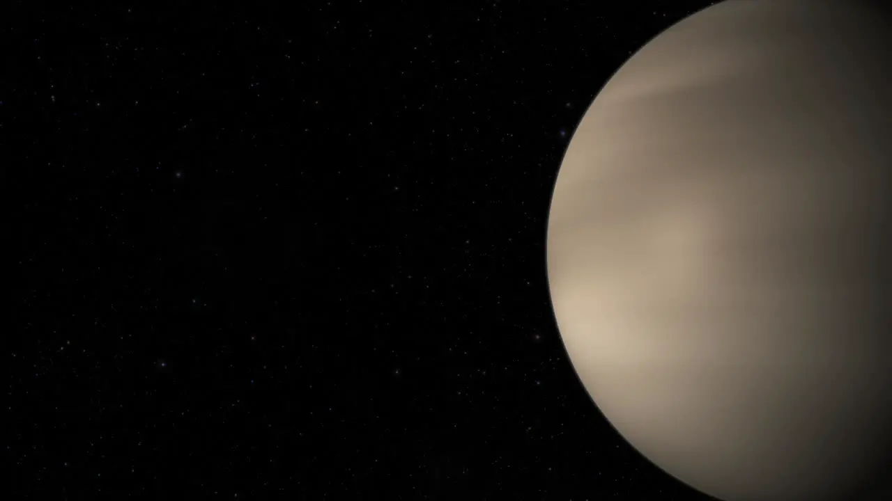 CGI composite planet Venus rotating screen-right half lit with a starry background