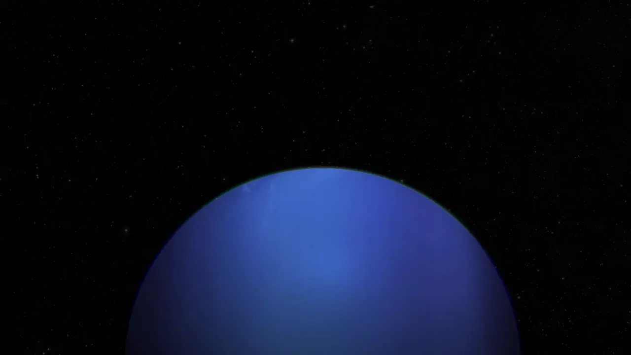 CGI composite flying over planet Neptune half lit with a starry background